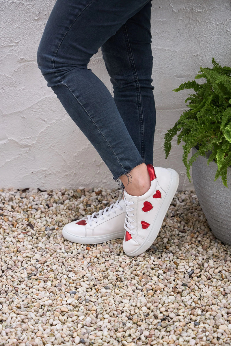 Hoxton - White with Red Hearts Leather Trainers Cocorose London