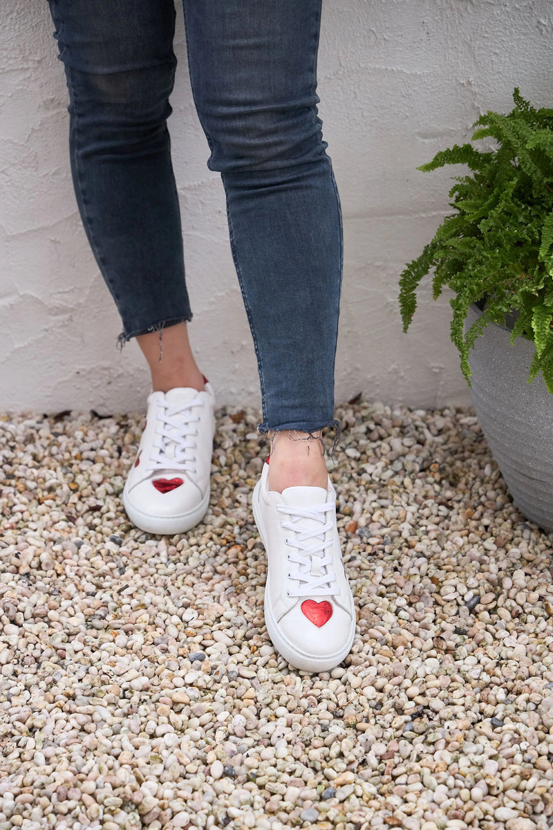 Hoxton - White with Red Hearts Leather Trainers Cocorose London