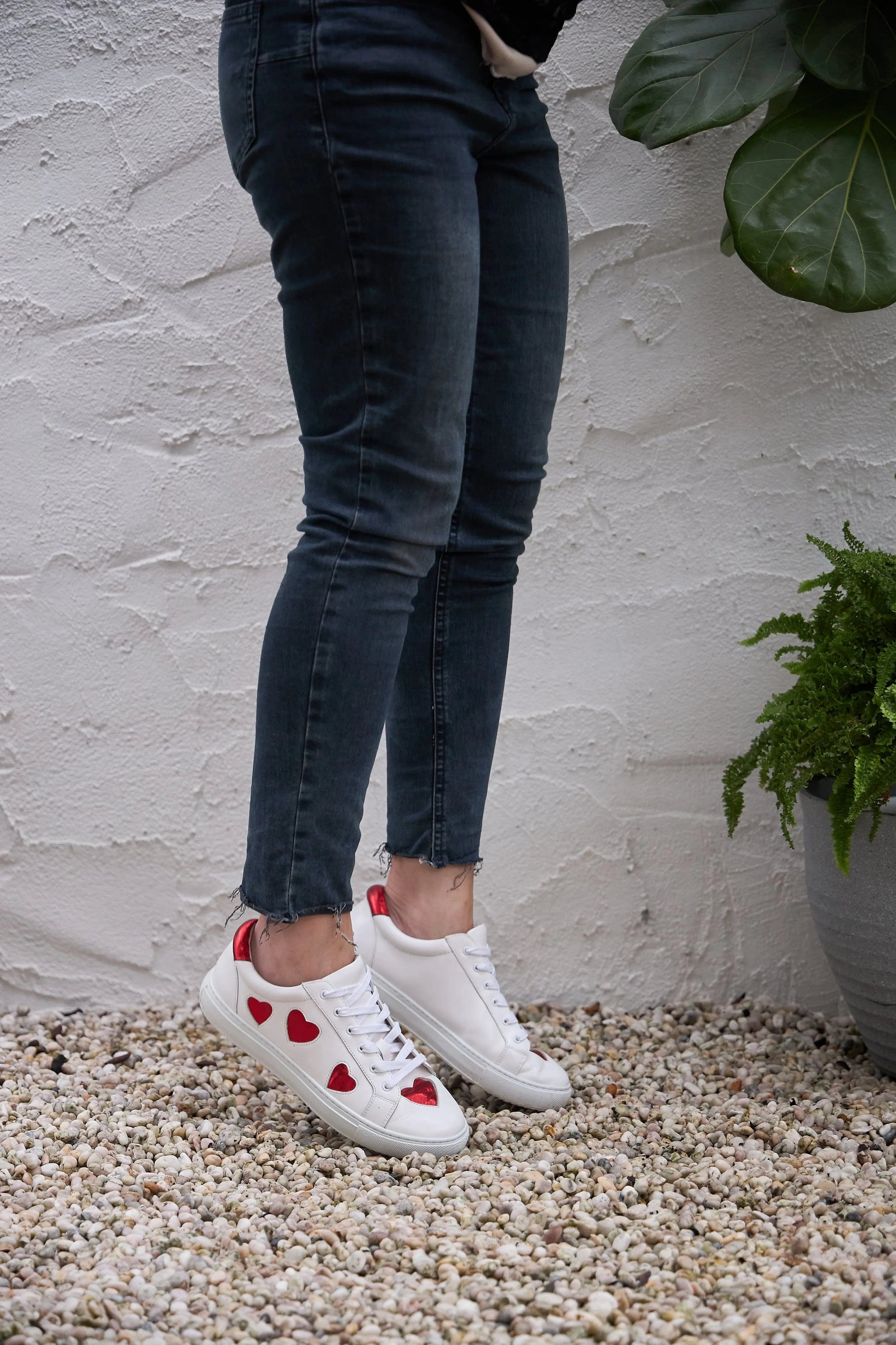 Hoxton - White with Red Hearts Leather Trainers Cocorose London