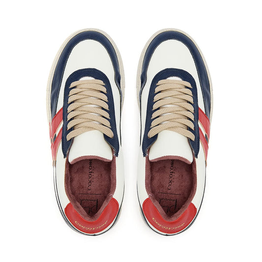 red white and blue vegan trainers with stripes