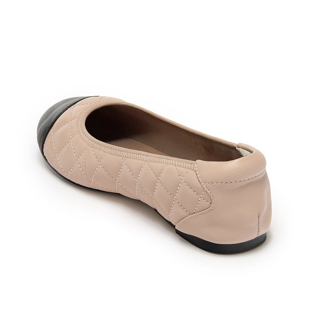 Quilted leather ballet flat in nude with black toe cap - view from the back