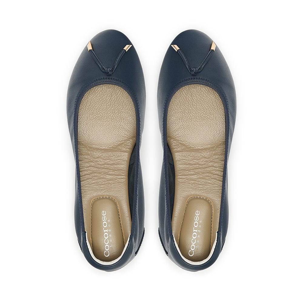 Navy Leather Ballet Flat with Pointed Toe, birds eye view