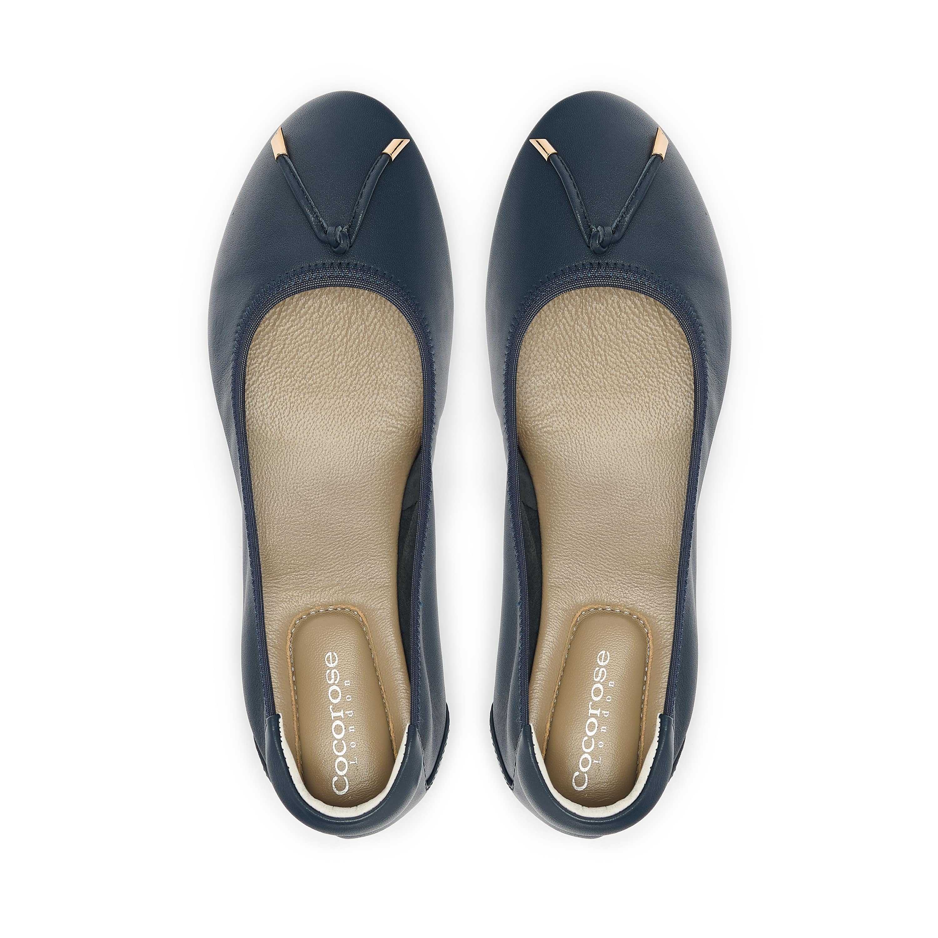 Navy Leather Ballet Flat with Pointed Toe, birds eye view