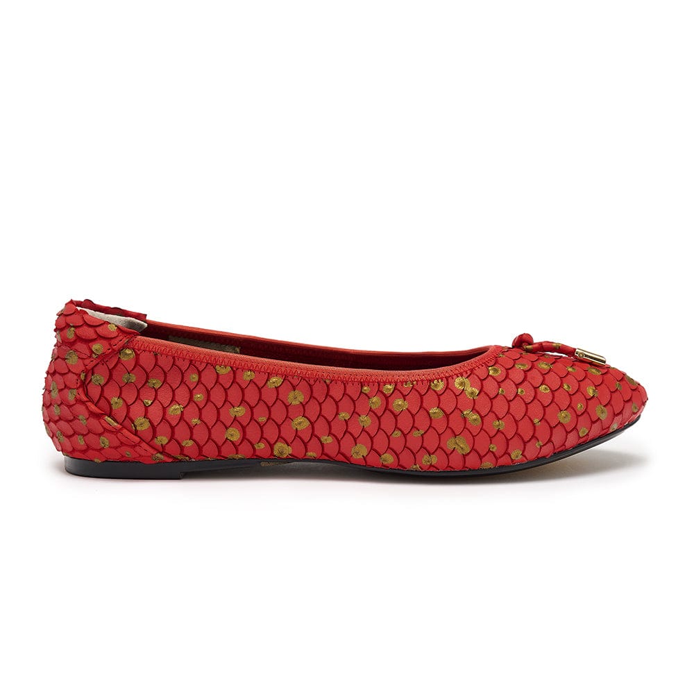 Red Leather Ballet Flat with pointed toe and gold detail