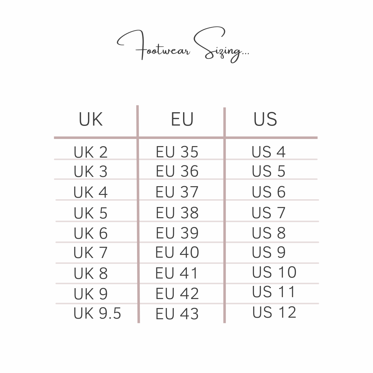 Shoe sizing chart for Cocorose London