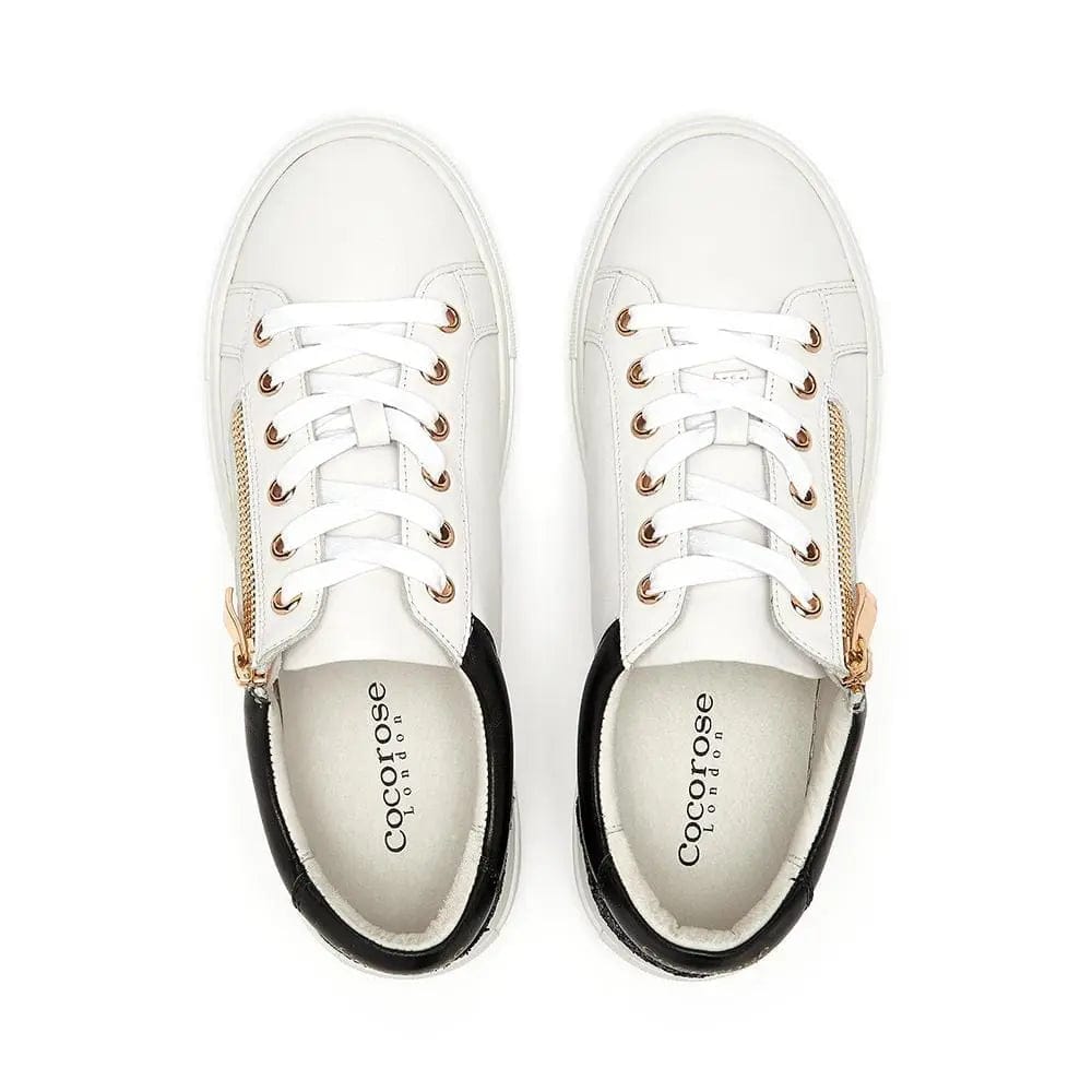 White Leather Trainers with Zip and Black Glitter Heel Cocorose London