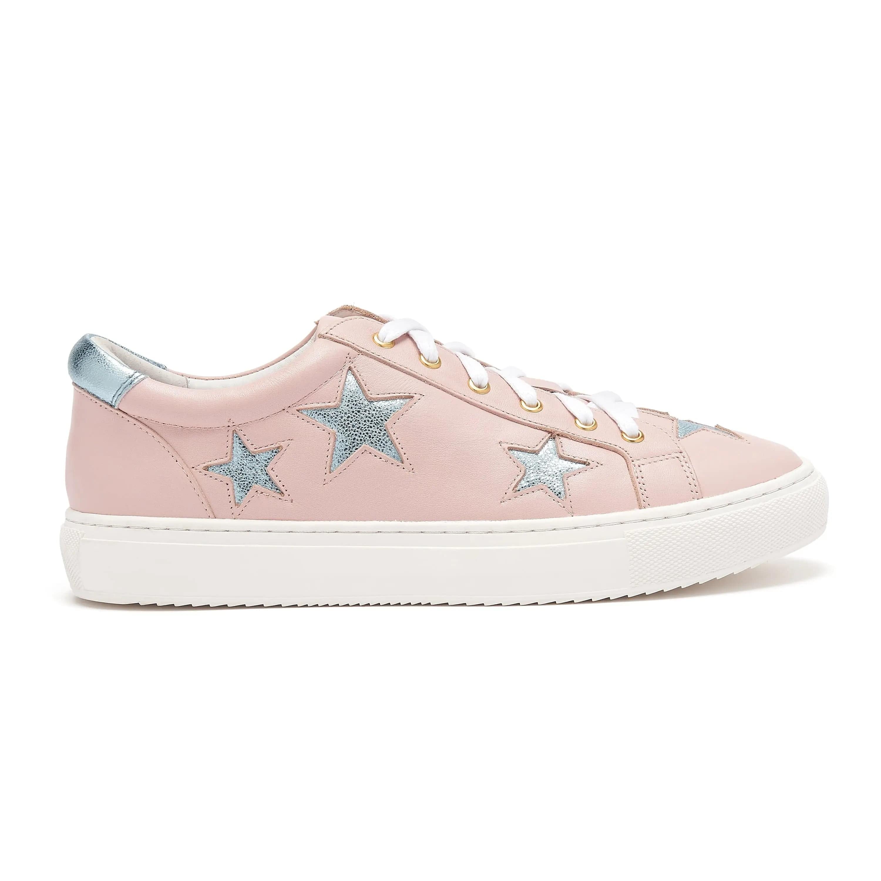 Hoxton - Pastel Pink with Blue Stars Leather Trainers Cocorose London