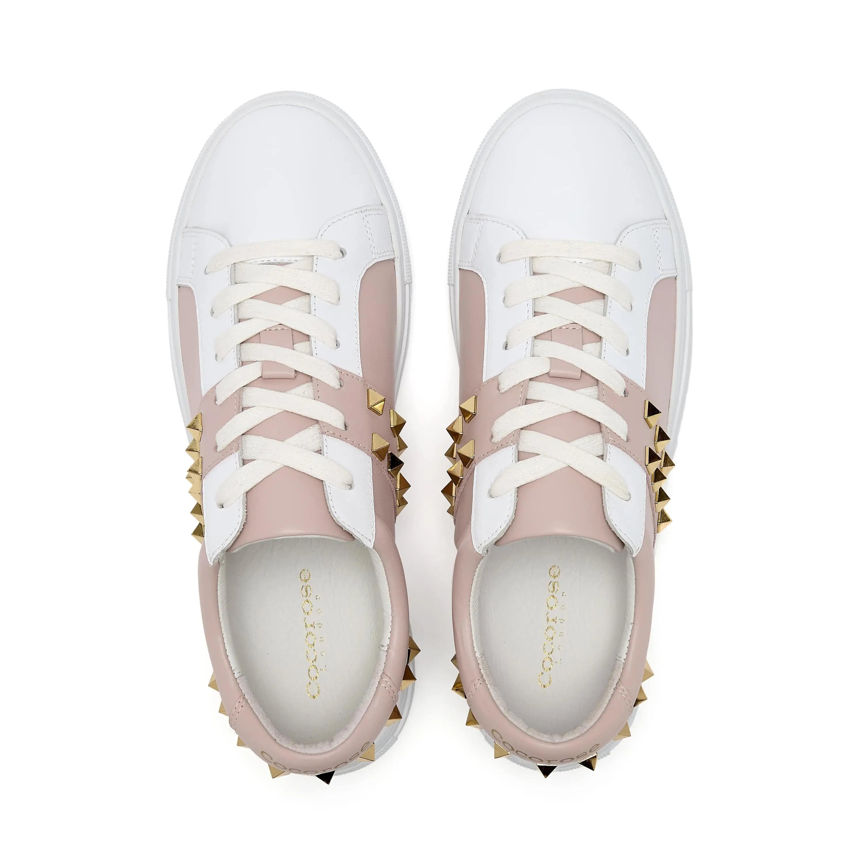 Hoxton - White and Pastel Pink Leather Trainers with Gold Studs Cocorose London