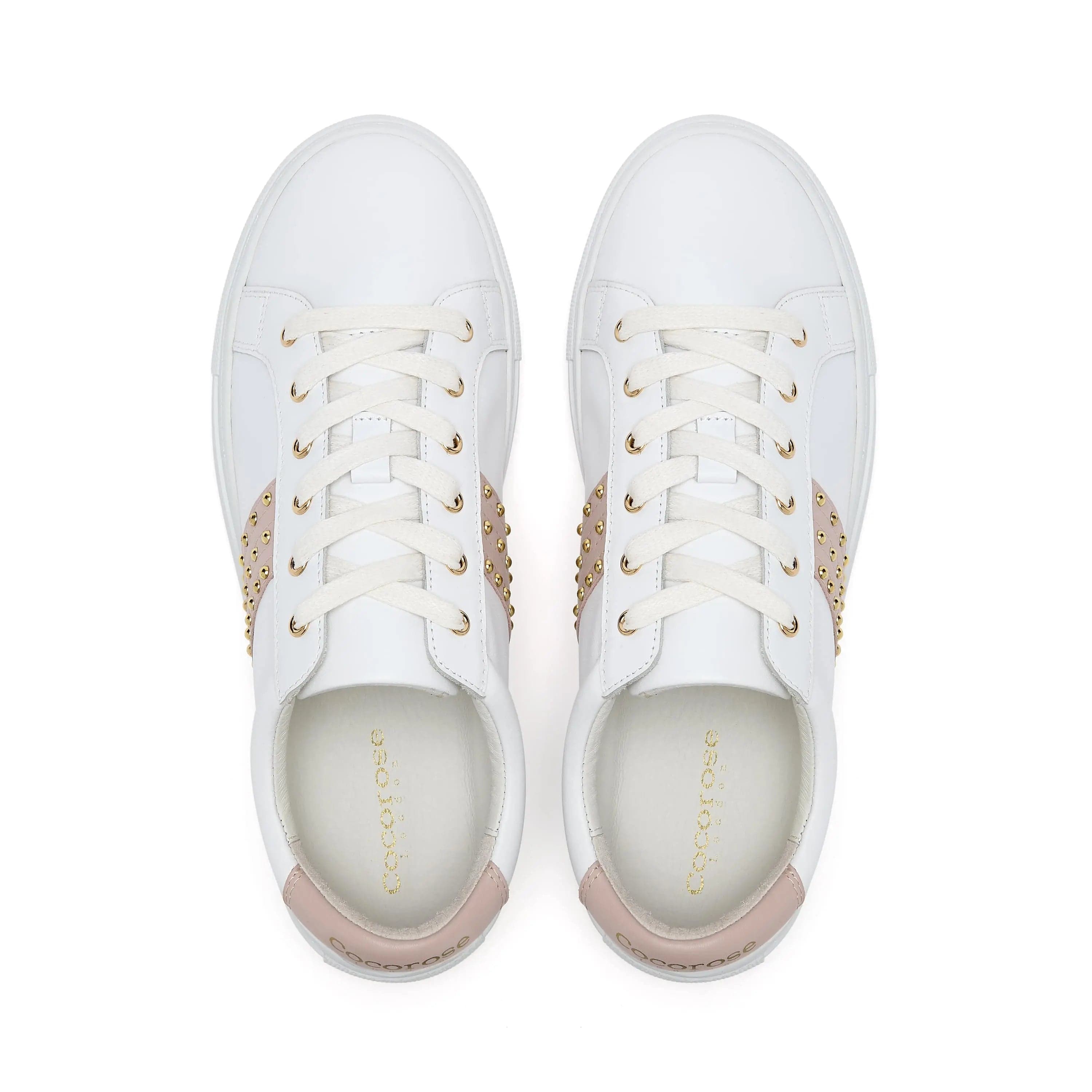 Hoxton - White Leather Trainer with Pastel Pink Studded Stripe Cocorose London