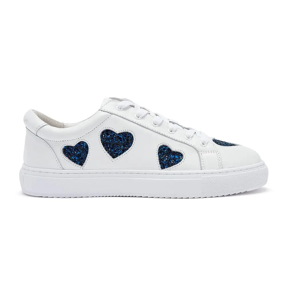 Hoxton - White with Navy Glitter Heart Leather Trainers Cocorose London