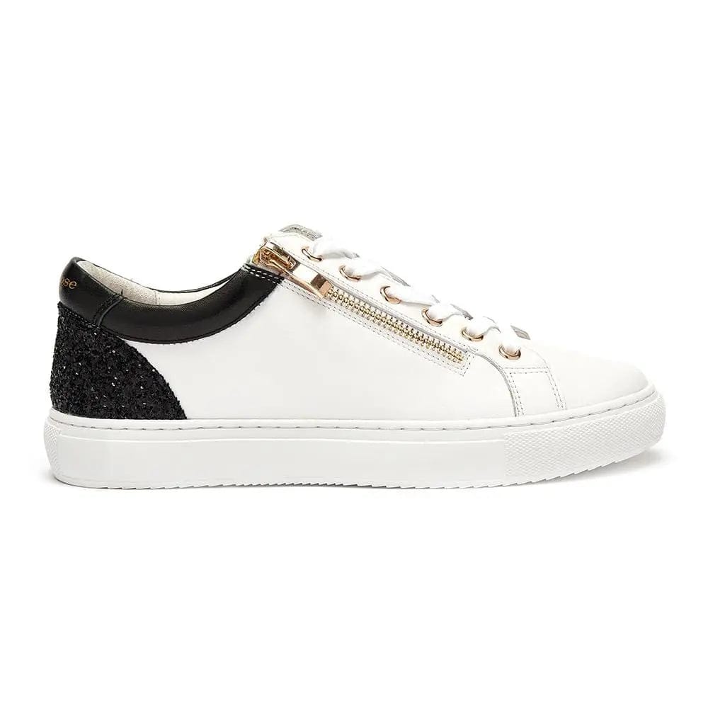 White Leather Trainers with Zip and Black Glitter Heel Cocorose London