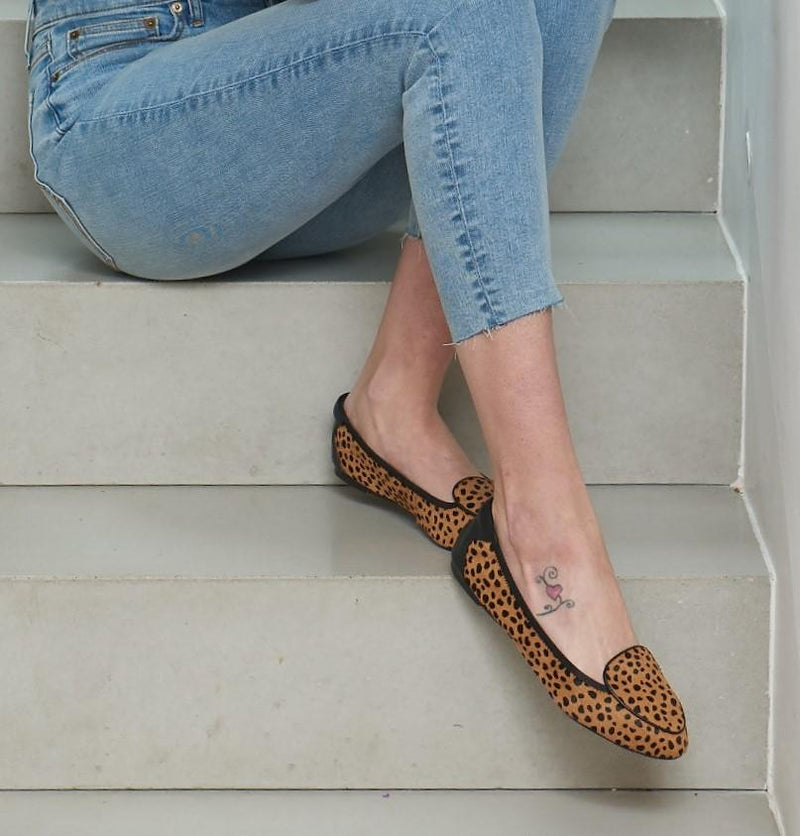 Leopard Print Women's Leather Loafers, Foldable