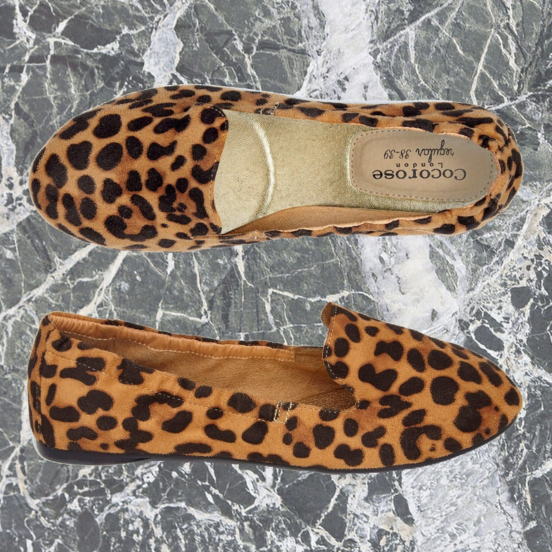 Leopard Print Women's Leather Loafers, Foldable