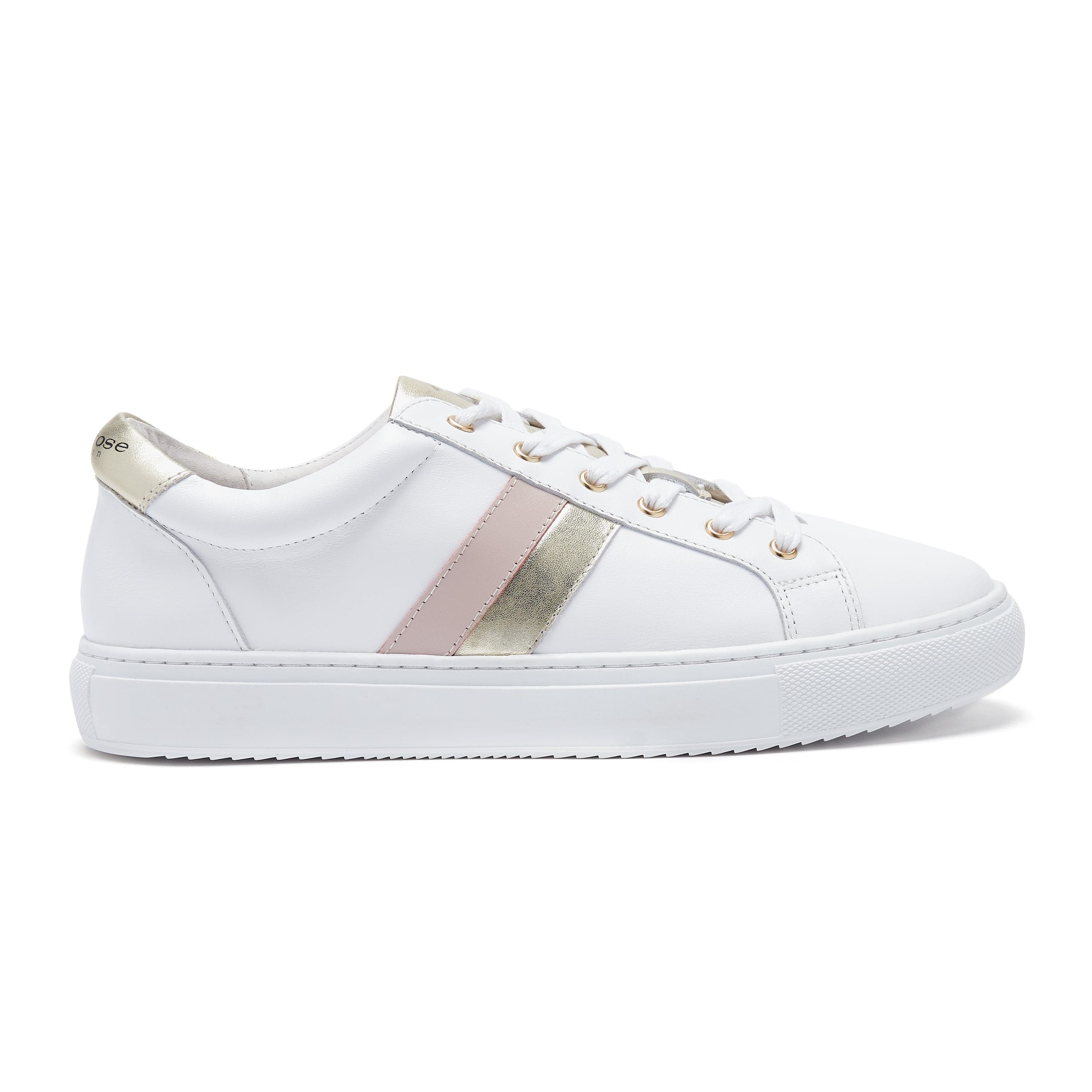 White sneakers best sale with gold stripes