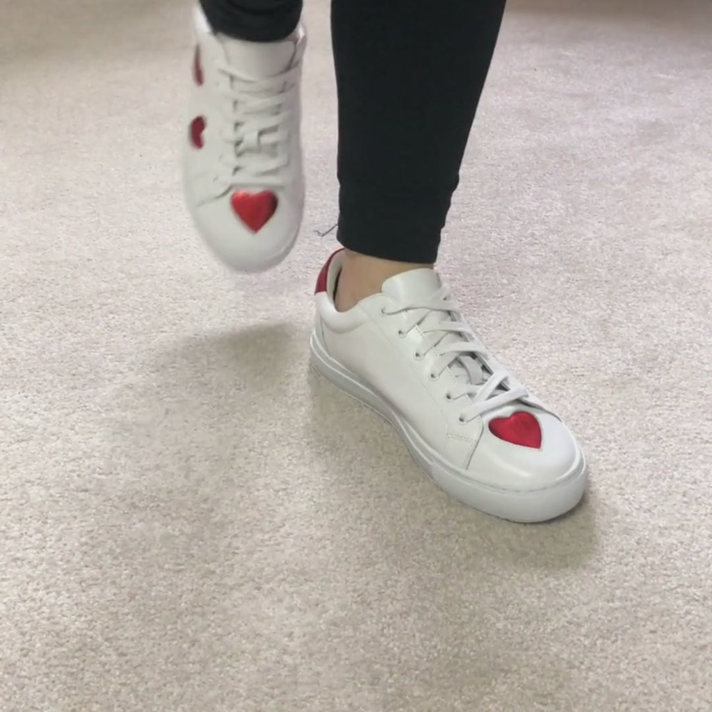 Video of our Women's White with Red Hearts Leather Trainers